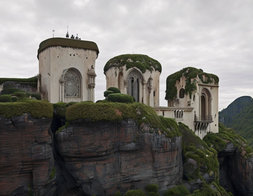 Historic fortress buildings on mossy cliffs under cloudy sky