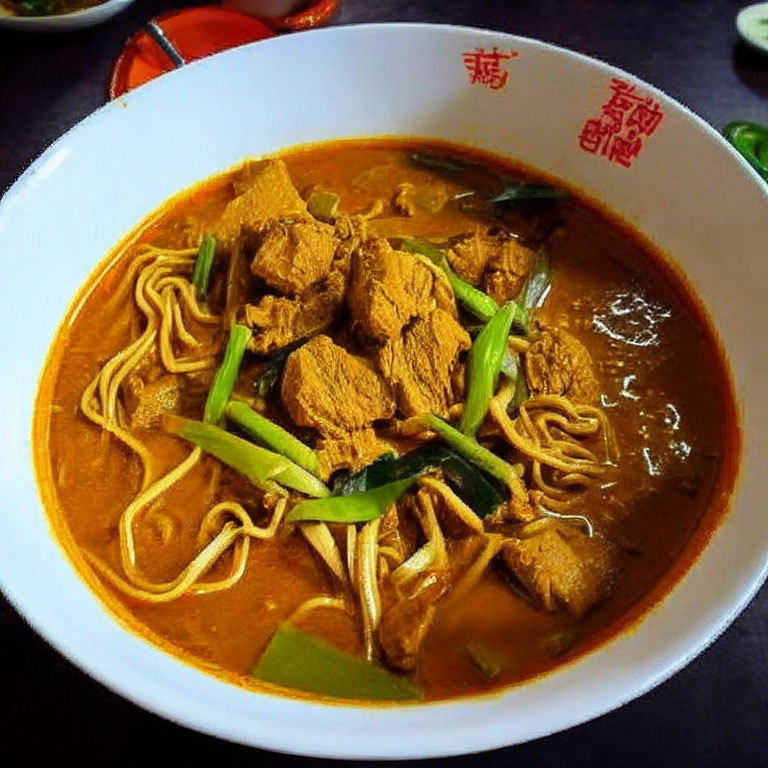 Savory noodle soup with meat chunks and green onions in rich broth