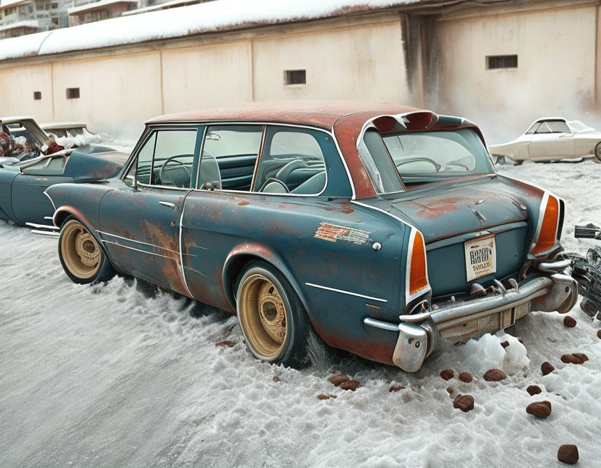 Vintage Blue Car with Rust Spots and Snow - Classic Design and Patina Displayed