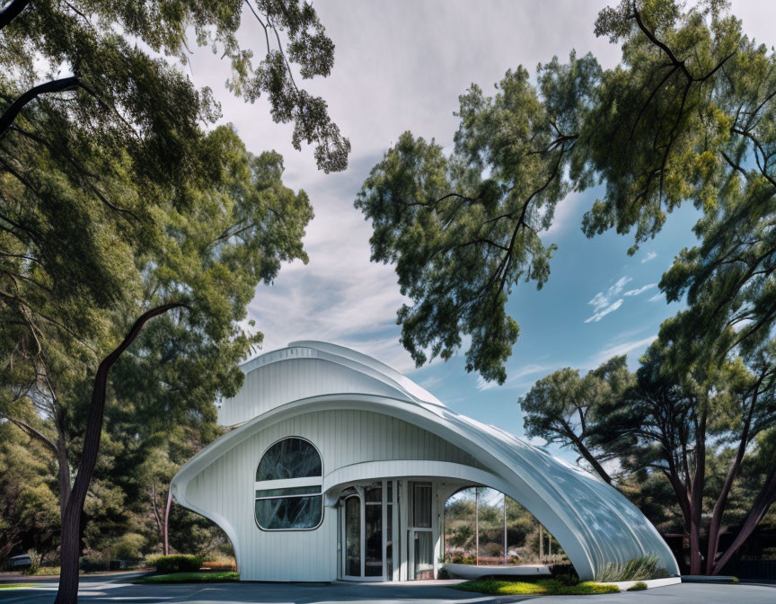 Unique Curved White Building Against Blue Sky and Trees