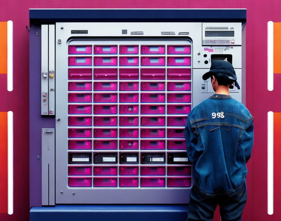 Futuristic pink vending machine with person in denim jacket