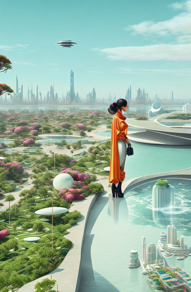 Person in vibrant orange robe gazes at futuristic cityscape with lush gardens and flying vehicles.