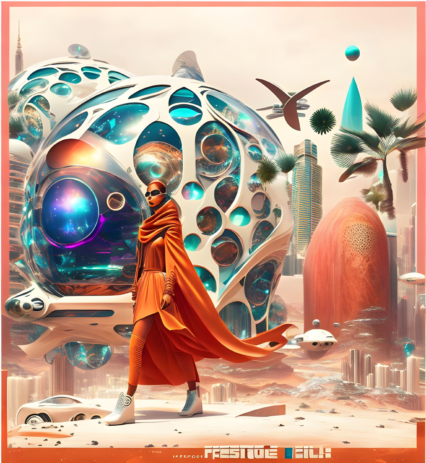 Futuristic cityscape with surreal architecture and floating orbs