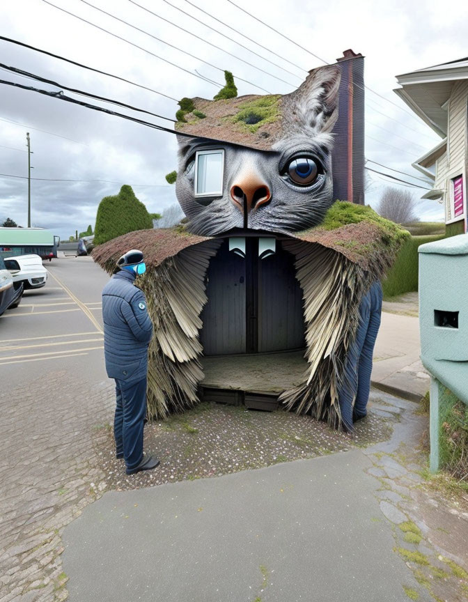 Surreal photo manipulation of giant cat head on building with person and cars