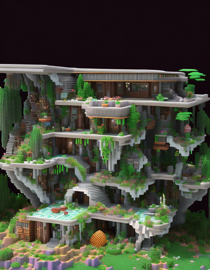 Lush greenery and wooden houses on floating Minecraft island