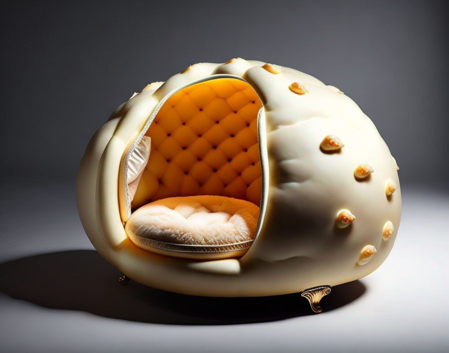 Egg-shaped white chair with orange cushion and gold accents