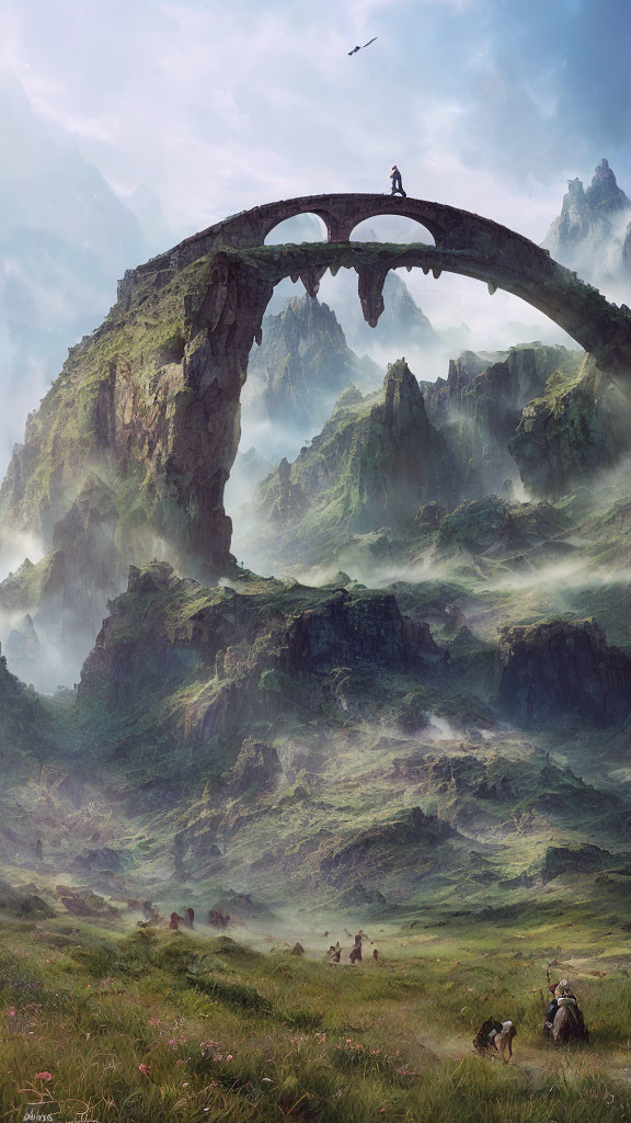 Person on Stone Arch Bridge in Mystical Landscape