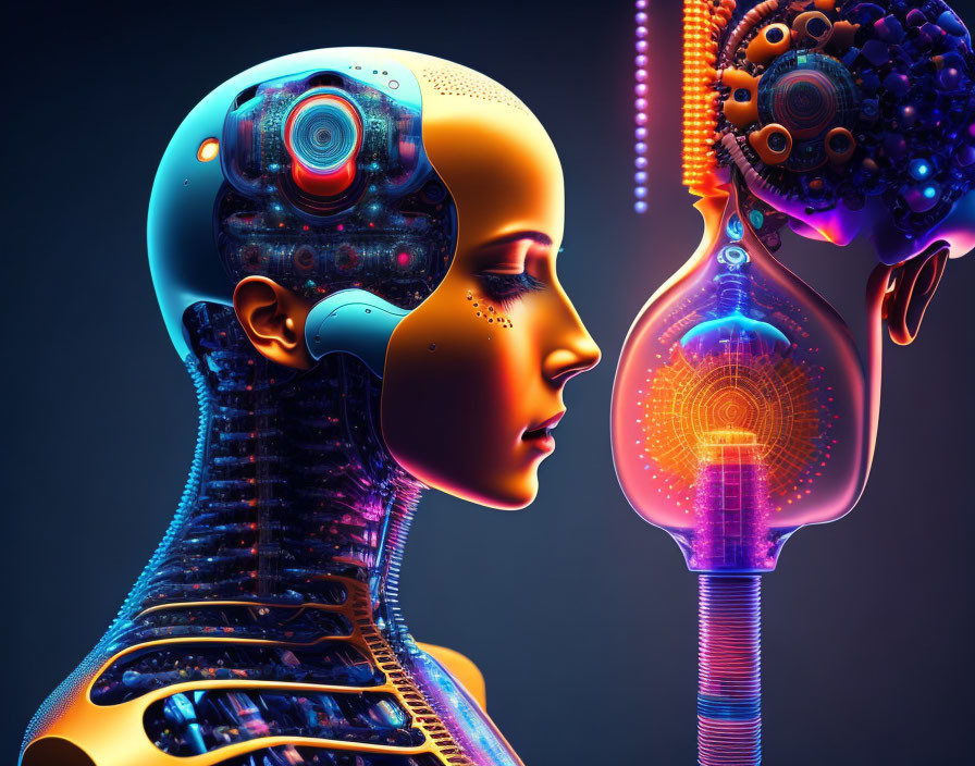 Colorful digital artwork: Two robot heads with intricate internal mechanisms.