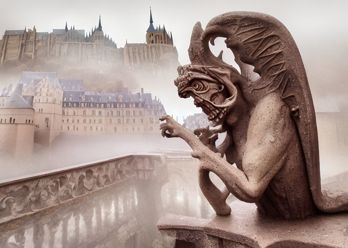 Stone gargoyle at foggy Mont Saint-Michel Abbey with sepia filter