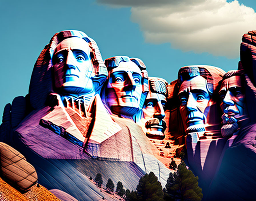 Mount Rushmore with former U.S. Presidents in blue and red hues under a cloudy sky