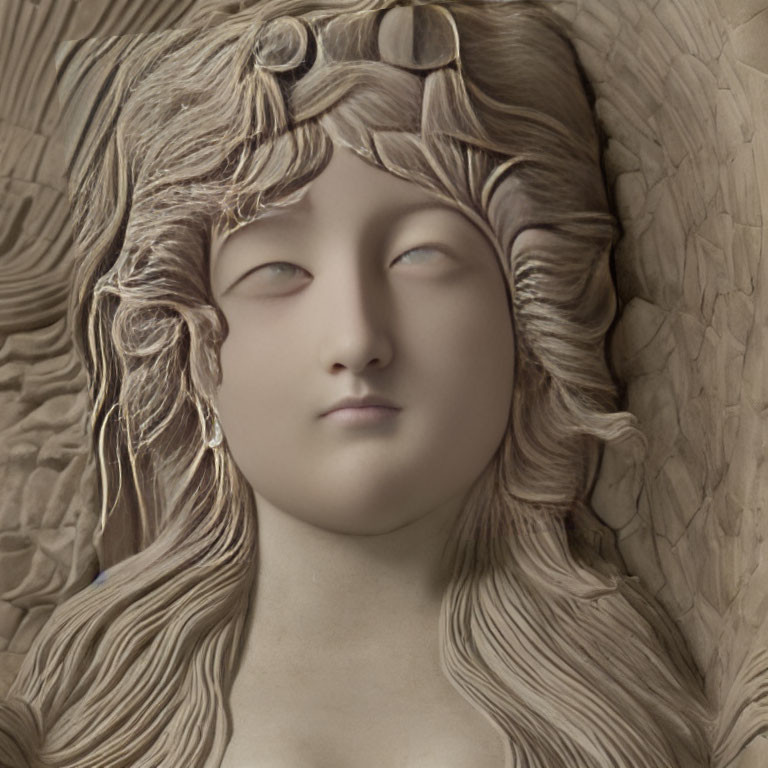 Detailed sculpture of female figure with wavy hair and serene expression