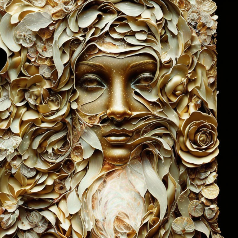 Golden sculpture of woman's face with floral and swirl patterns