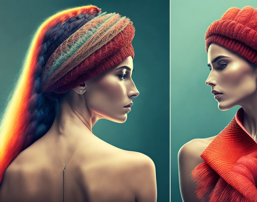 Colorful Hair Woman: Split Image Profile & Frontal Views in Red Beanie and Orange Knit