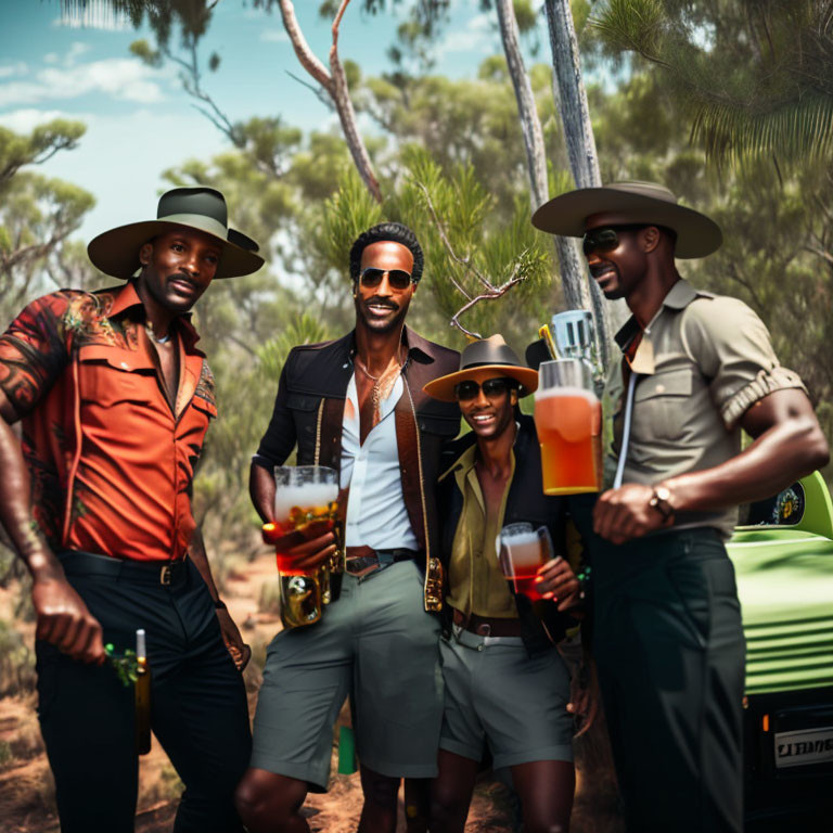 Group of Friends Enjoying Drinks Outdoors with Off-Road Vehicle