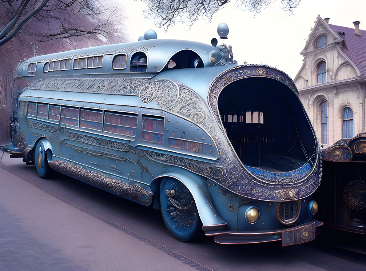 Vintage-style ornate bus parked on street with classic building and trees