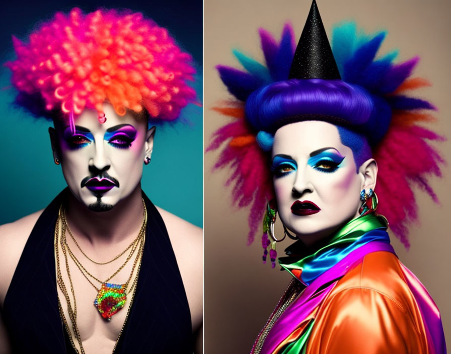 Two people with dramatic makeup and elaborate hairstyles on gradient backdrop