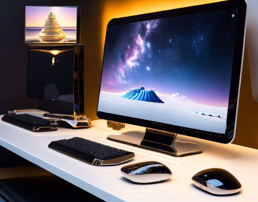 Dual Monitor Computer Setup with Cosmic Theme and Coordinated Peripherals