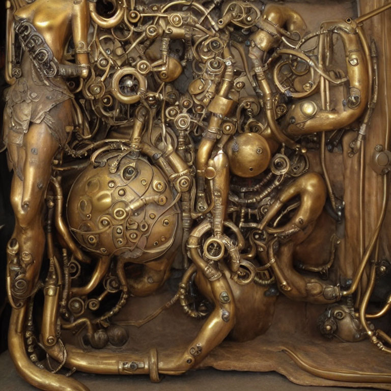 Steampunk-inspired sculpture with intricate mechanical parts and gears in organic forms