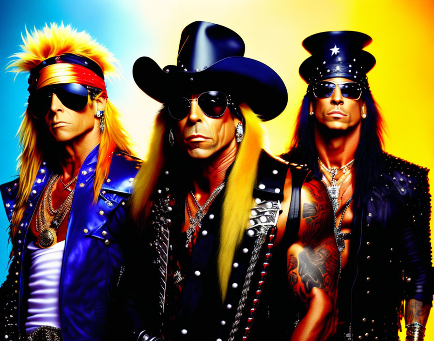 Three people in rock attire with bandanas, leather jackets, sunglasses, and jewelry