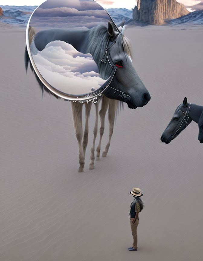 Person in hat observes surreal horse with magnifying glass on sandy terrain