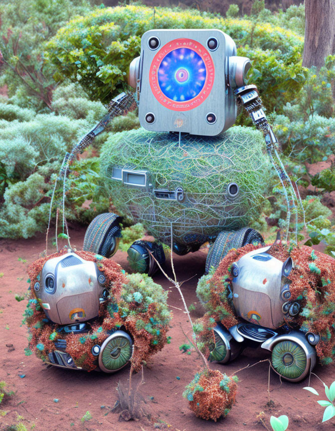 Whimsical greenery and mechanical parts robot sculpture in garden