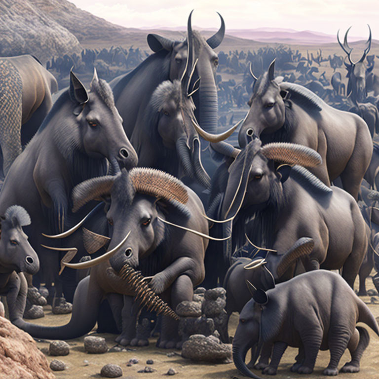 Fantastical creatures with tusks and horns in rocky savannah.