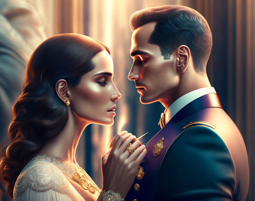 Illustration of elegant couple in beaded dress and military uniform in warm setting