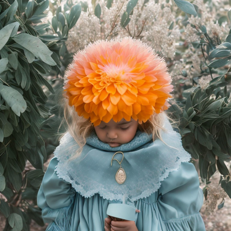 Child in blue dress with orange flower hat among green foliage, holding object.