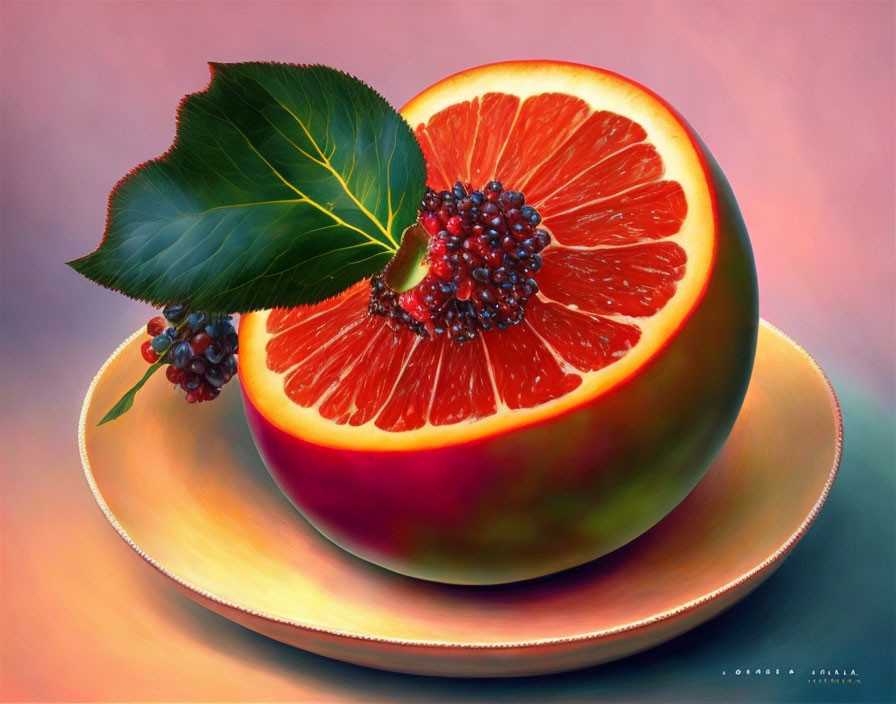 Colorful digital artwork: halved blood orange and blackberries on plate.