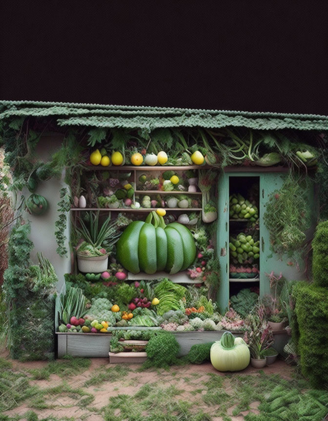 Whimsical vegetable stall with oversized surreal produce on shelves