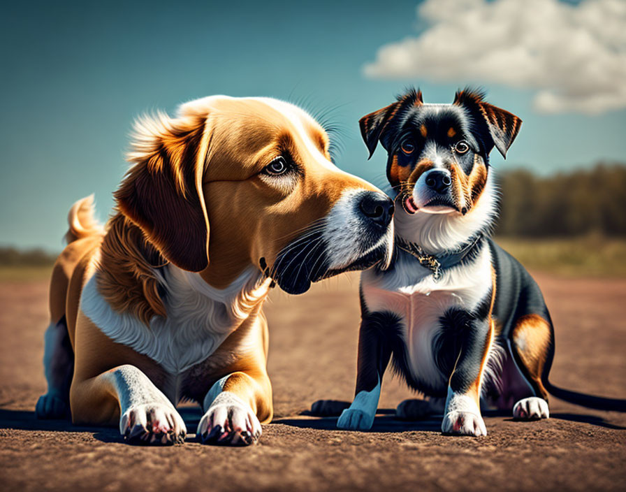 Two dogs, one brown and white, the other black and tan, lying down together.