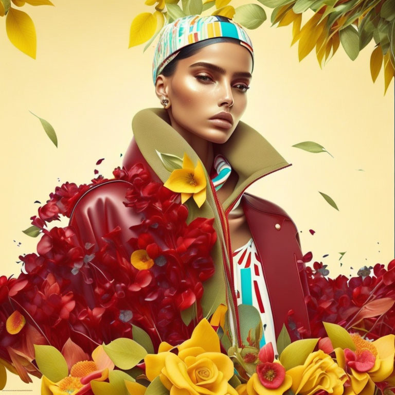 Colorful woman portrait with bold makeup, headscarf, and flowers