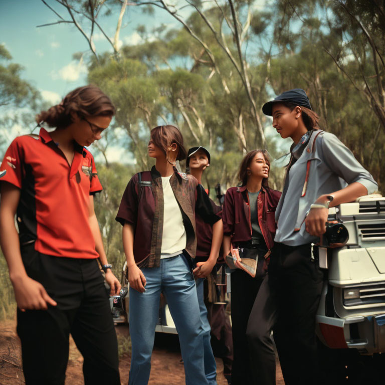 Five Young Adults in Casual Attire Near Off-Road Vehicle in Wooded Area