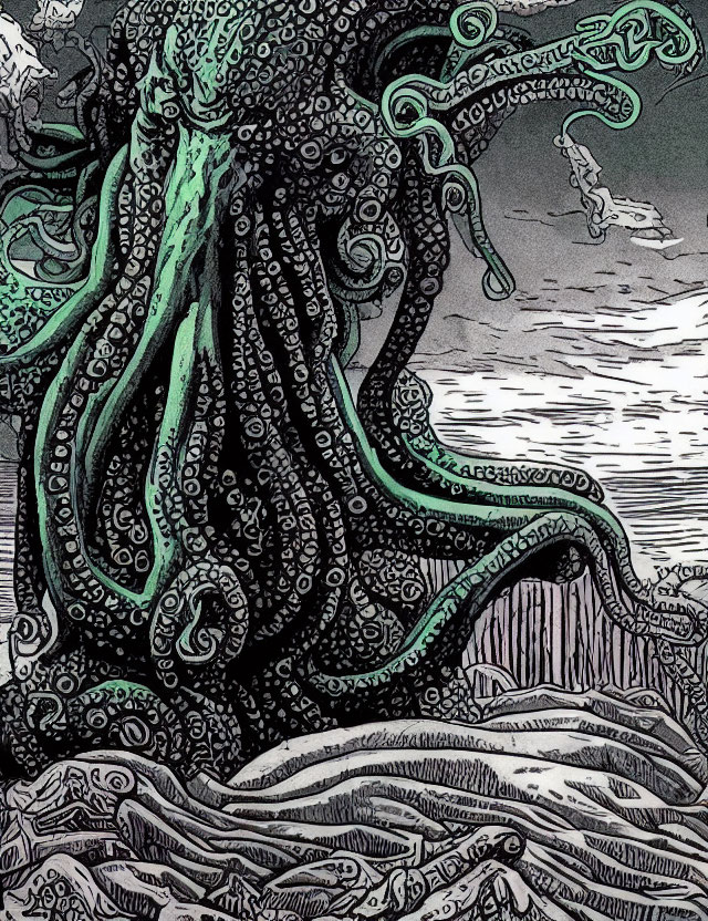 Detailed black and white drawing of massive octopus emerging from sea near cliff