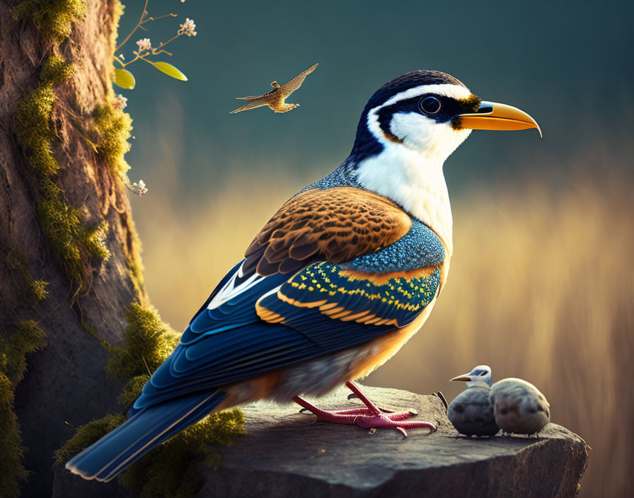 Colorful bird with intricate patterns on stump, smaller bird and insect nearby against soft-focus backdrop