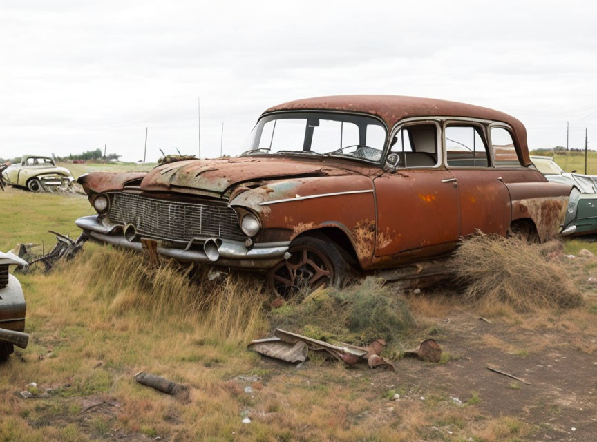 Abandoned vintage cars in grassy field decay.