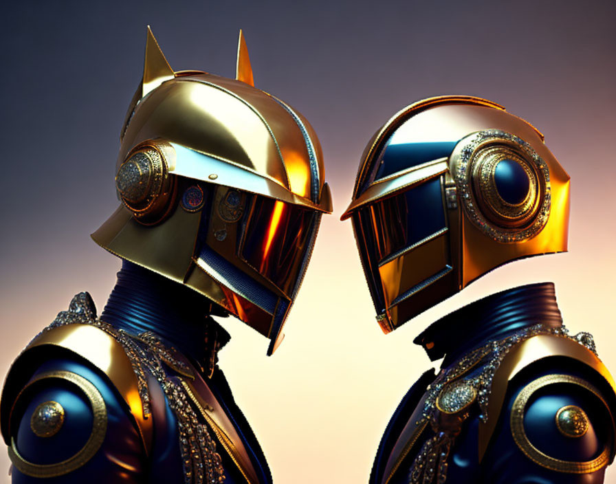 Futuristic robotic figures in gold and blue armor facing each other