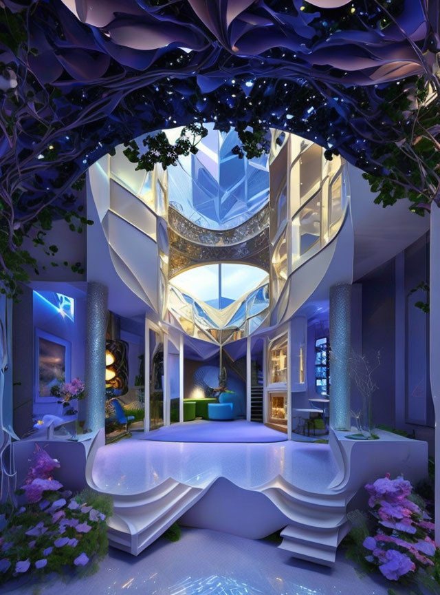 Modern interior with illuminated staircase, vibrant blue lighting, trees, and flowers.