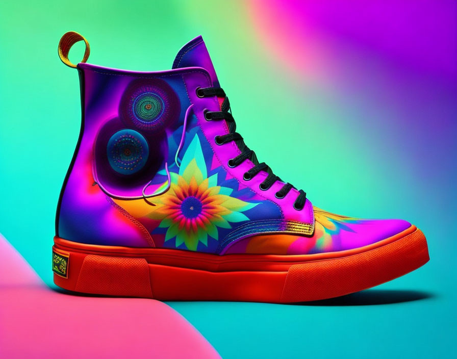 Colorful Psychedelic Floral Pattern High-Top Sneaker on Neon Background