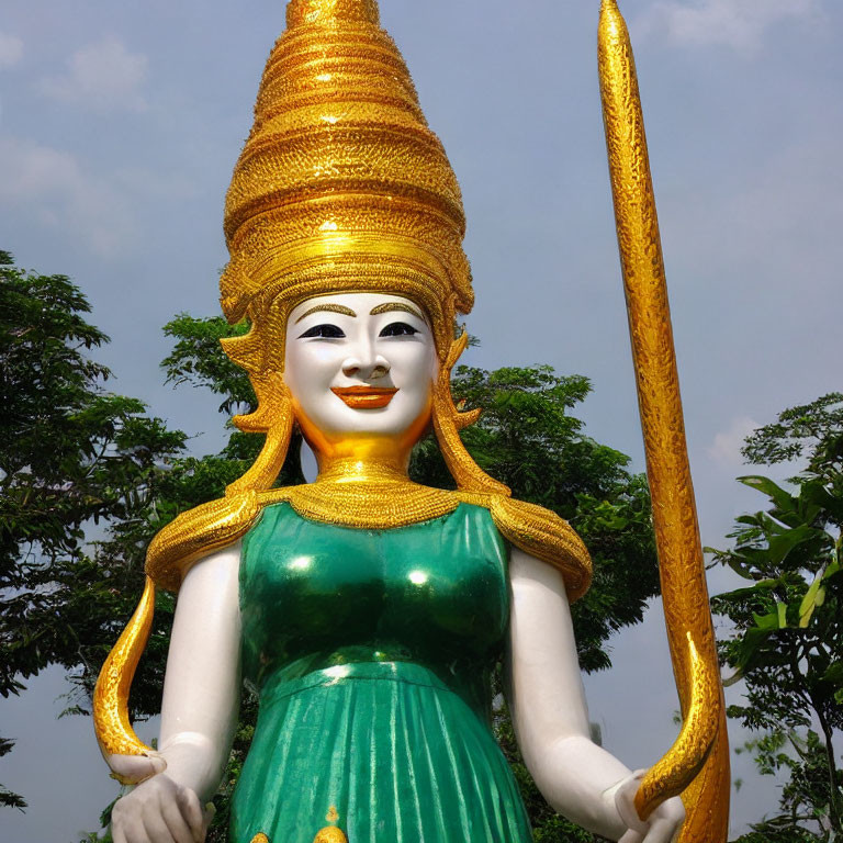 Colorful female statue with golden crown and staff, green dress, under sky.