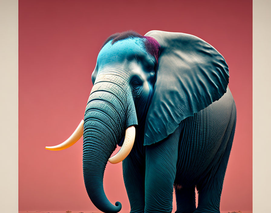 Digitally altered elephant image with blue and purple tint on head and tusks against warm red background