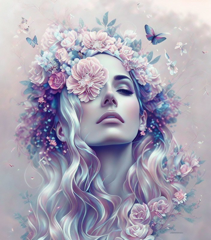 Woman with wavy hair and floral crown among butterflies in dreamlike scene