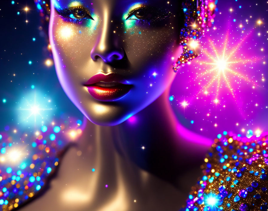 Close-up of woman with sparkling multicolored cosmic makeup and glitters