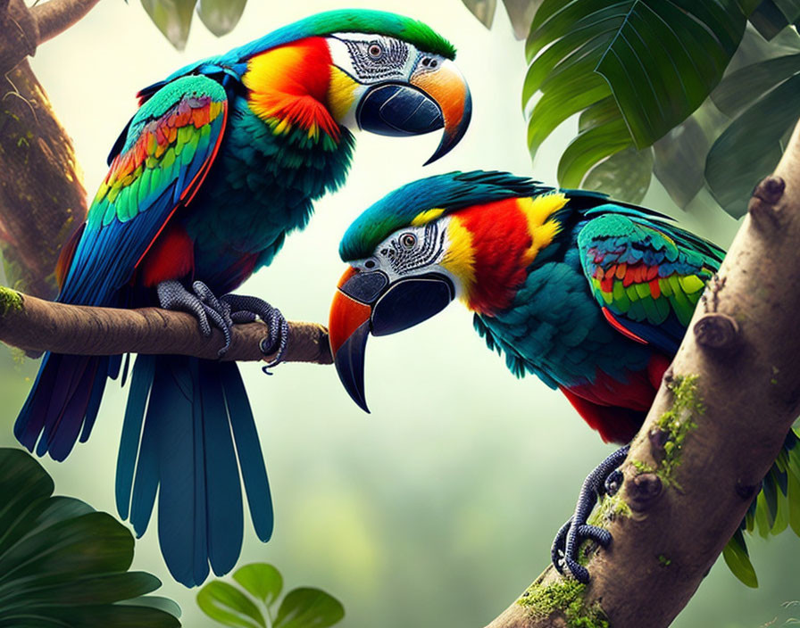 Vibrant macaws on branch in lush green forest