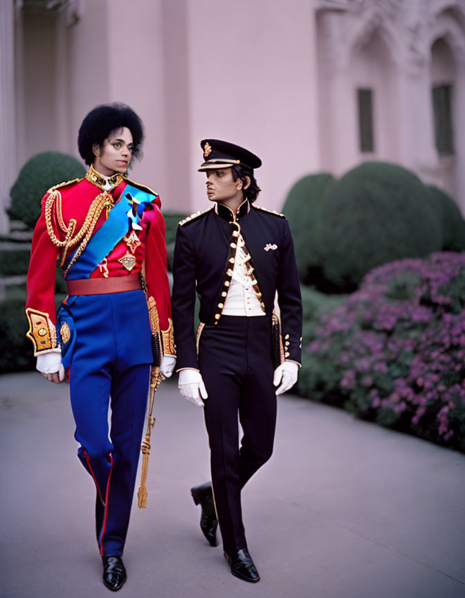 Ornate military-style uniforms with gold accents and epaulettes in front of pink building