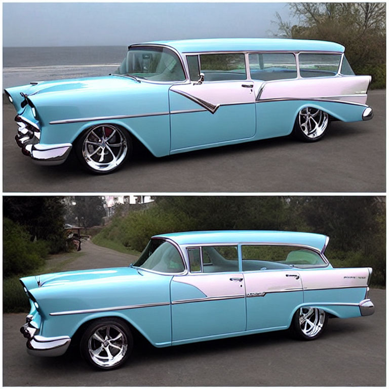 Classic Teal and White Station Wagon with Chrome Details and Modern Wheels parked by Roadside