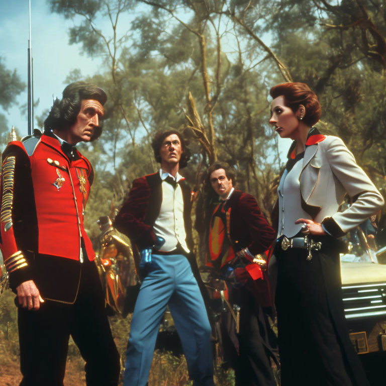 Group of four people in retro-styled costumes in forest setting