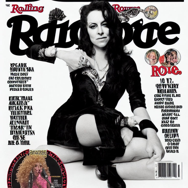 Person sitting on Rolling Stone magazine cover with crossed legs and various headlines.