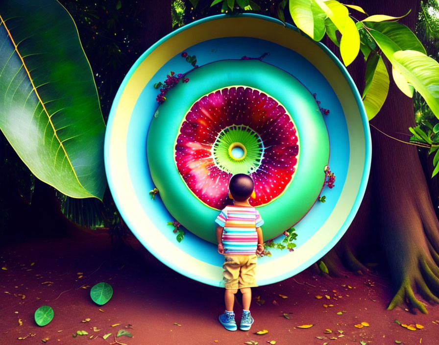 Child admires oversized snail shell in vibrant garden setting