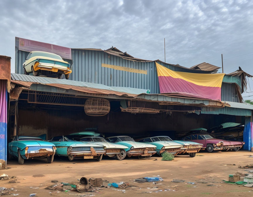 Vintage Cars Parked Under Metal-Roofed Structure